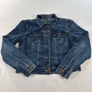 American Eagle Jean Jacket Womens Large Blue Denim Button Up Distressed Y2K 2012